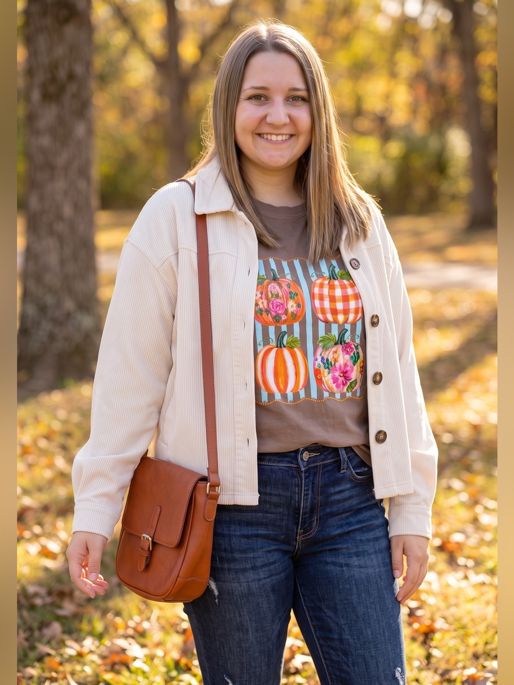 Comfort Colors Brown Pumpkin Graphic Sweater with Floral & Gingham Accents - Picture 2 of 3